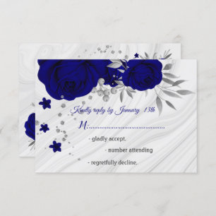 royal blue silver grey floral  RSVP card