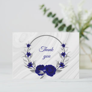 royal blue silver grey floral wreath marble thank you card