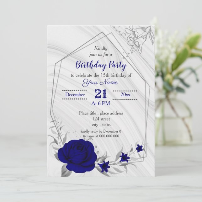 royal blue silver grey geometric birthday party in invitation (Standing Front)