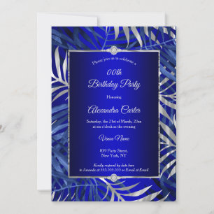 Royal Blue Silver Grey Palm Diamond Birthday Party Invitation
