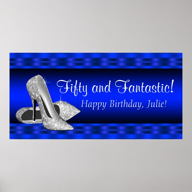 Royal Blue Silver High Heel Birthday Party Banner Poster (Front)