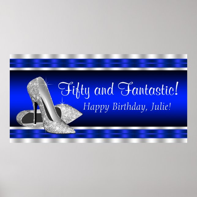 Royal Blue Silver High Heels Birthday Party Banner Poster (Front)