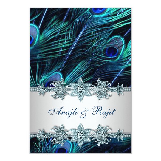 Royal Blue Silver Indian Peacock Reception Cards