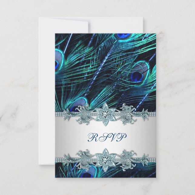 Royal Blue Silver Indian Peacock Wedding RSVP (Front)