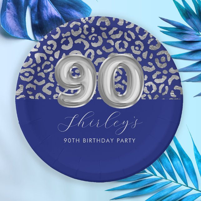 Royal Blue Silver Leopard Print 90th Birthday Paper Plate (Creator Uploaded)