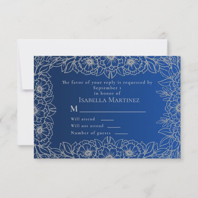 Royal Blue Silver Line Art Floral Quinceañera  RSVP Card (Front)