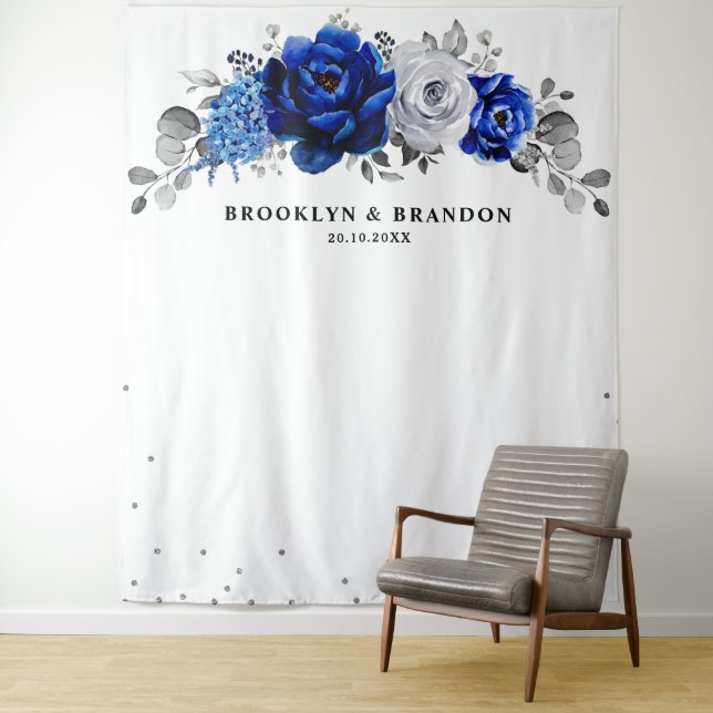 Royal Blue silver Metallic Floral Wedding Tapestry (In Situ)