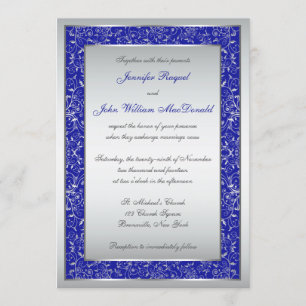 Royal Blue, Silver Ornate Scrolls Wedding Invite