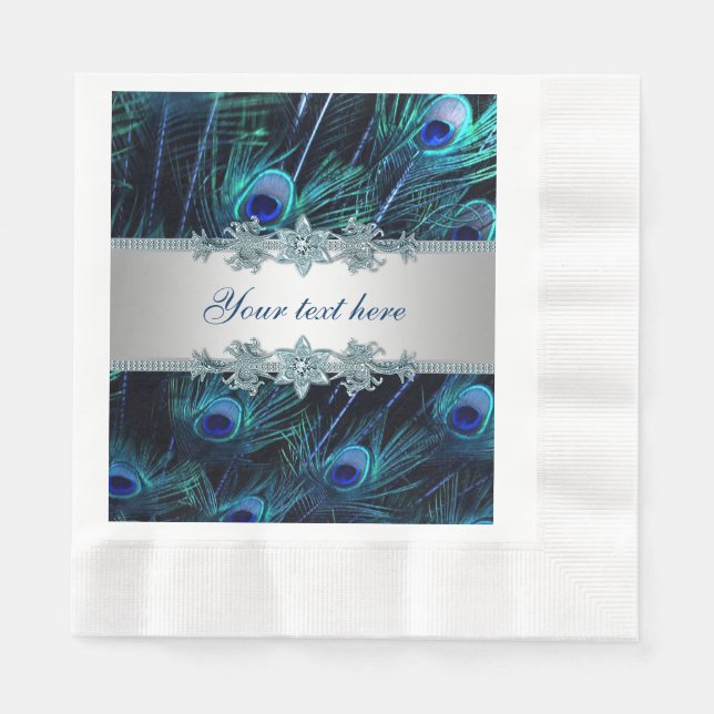 Royal Blue Silver Peacock Napkin (Front)