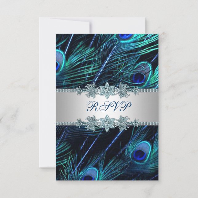 Royal Blue Silver Peacock Wedding RSVP Card (Front)