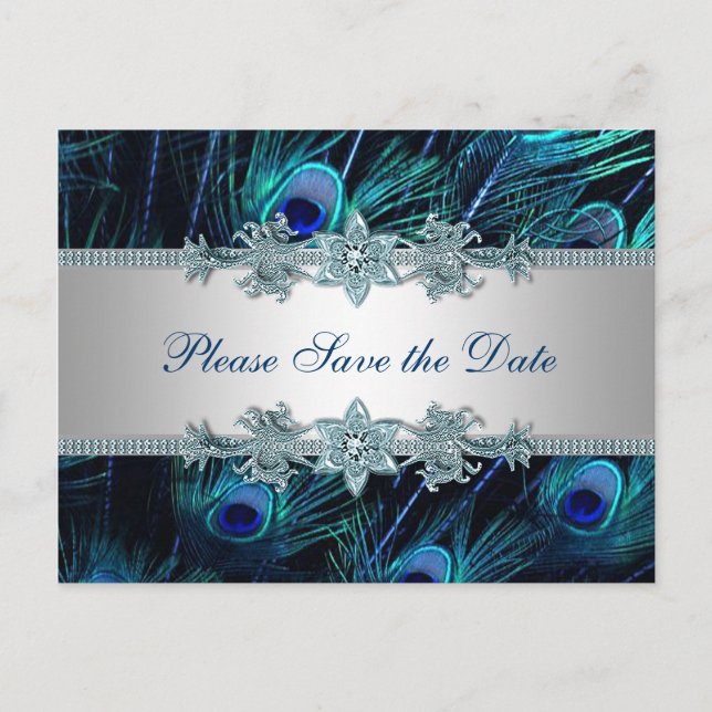 Royal Blue Silver Peacock Wedding Save the Date Announcement Postcard (Front)