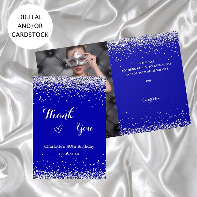 Royal blue silver photo birthday thank you card (Creator Uploaded)