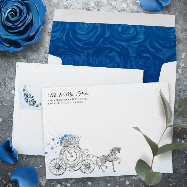 Royal Blue Silver Princess Carriage Return Address Envelope (Personalize your own elegant fairytale princess royal blue return address envelopes.)