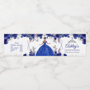 Royal Blue Silver Princess Quinceañera Water Bottle Label