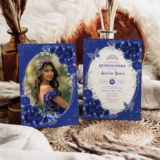 Royal Blue Silver Quinceañera 15th Birthday Photo Invitation (Creator Uploaded)