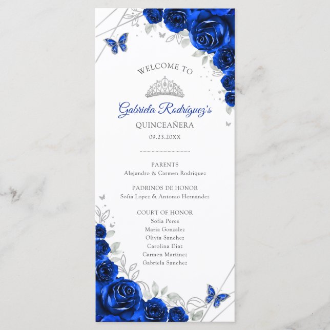 Royal Blue Silver Quinceanera Order of Events Program (Front)