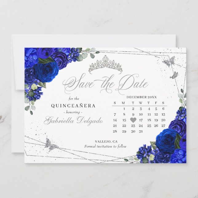 Royal Blue & Silver Quinceañera Save The Date Invitation (Front)