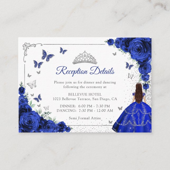 Royal Blue Silver Quincenarea Reception Details Enclosure Card (Front)