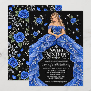 Royal Blue Silver Rose Sweet Sixteen Birthday Invitation