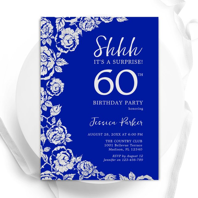Royal Blue Silver Roses Surprise 60th Birthday Invitation (Creator Uploaded)