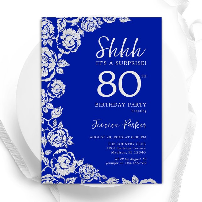 Royal Blue Silver Roses Surprise 80th Birthday Invitation (Creator Uploaded)