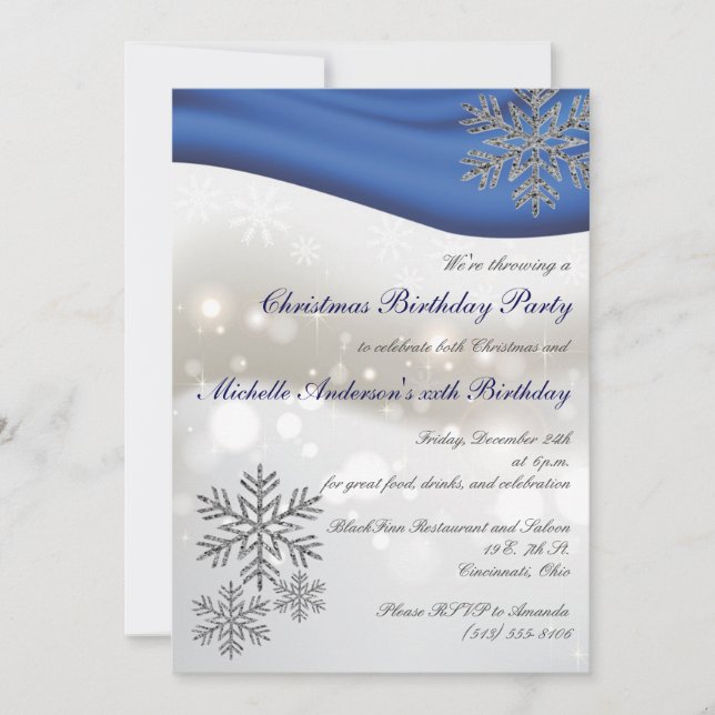 Royal Blue Silver Snowflakes Christmas B'day Party Invitation (Front)