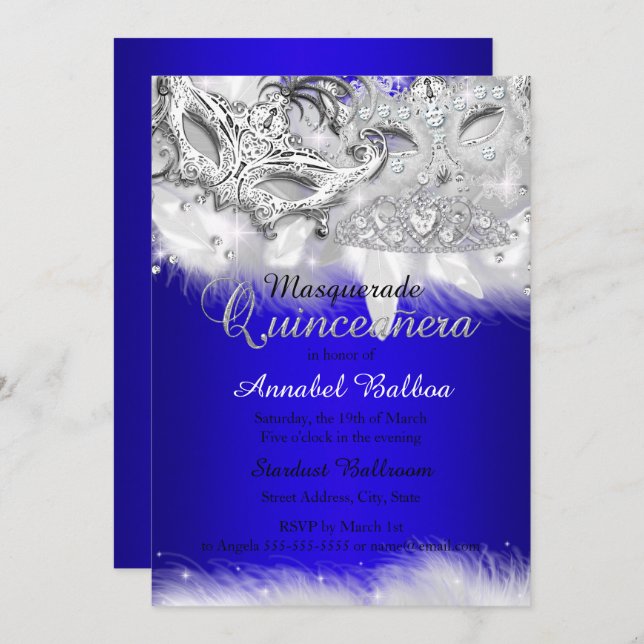 Royal Blue Silver Sparkle Masquerade Quinceanera Invitation (Front/Back)