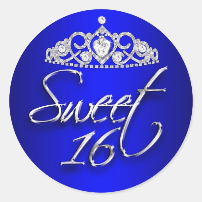 Royal Blue & Silver Sparkle Tiara Sweet 16 Sticker (Front)