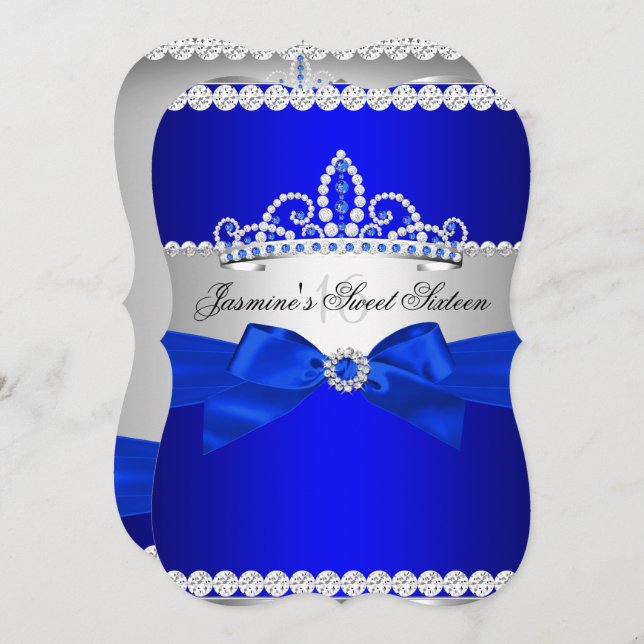 Royal Blue & Silver Sweet 16 Birthday Party Invitation (Front/Back)