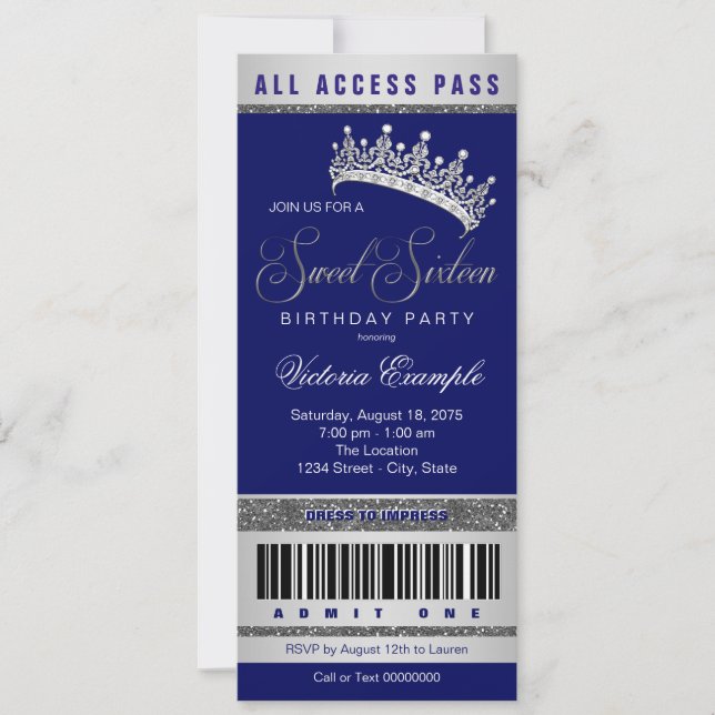 Royal Blue Silver Sweet 16  Invitation (Front)