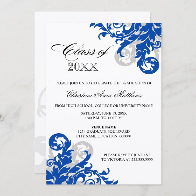 Royal Blue Silver Swirl Graduation Announcement (Front/Back)