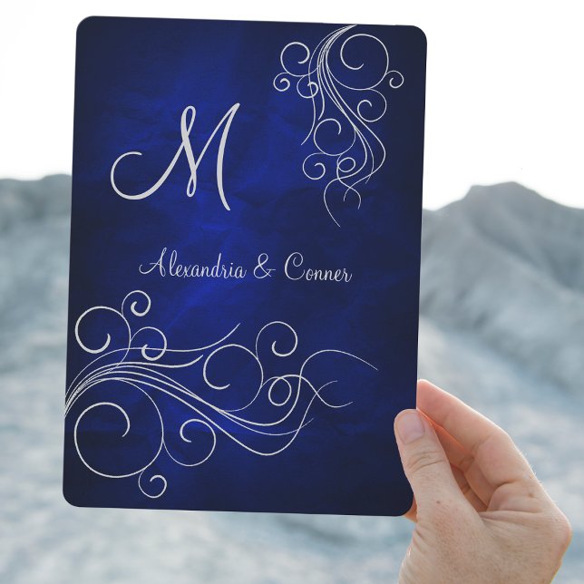 Royal Blue Silver Swirl Monogram Formal Wedding Invitation (Creator Uploaded)