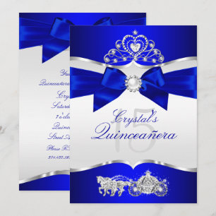 Royal Blue Silver Tiara Pearl Bow Quinceanera Invitation