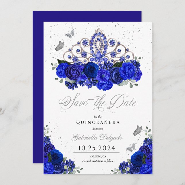 Royal Blue Silver Tiara Save The Date Quinceañera Invitation (Front/Back)