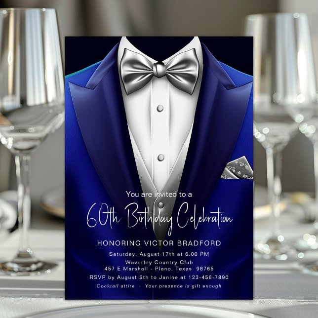 Royal Blue Silver Tuxedo Mens Any Number Birthday Invitation (Any number birthday, retirement, formal occasion blue and silver tuxedo invitation. )