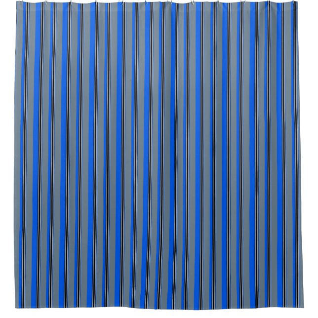 Royal Blue, Silver, White & Black Stripes Shower Curtain (Front)