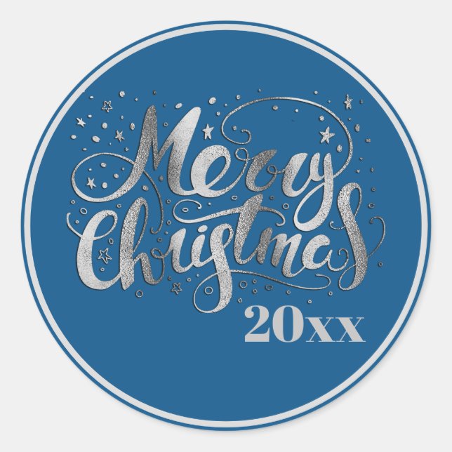 Royal Blue Silver White Merry Christmas Classic Round Sticker (Front)