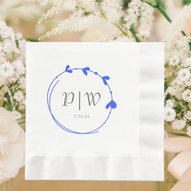 Royal Blue Simple Heart Wreath Monogram Wedding Napkin (In Situ Wedding)
