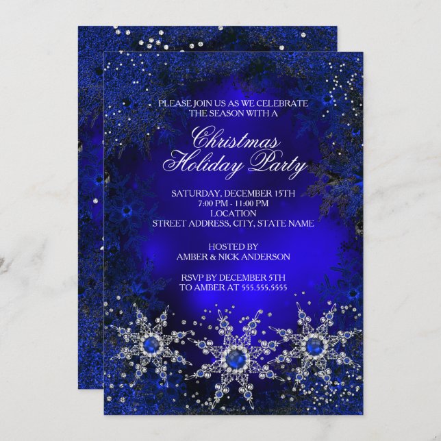 Royal Blue Snowflakes Christmas Holiday Party Invitation (Front/Back)