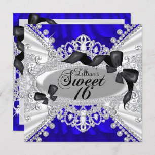 Royal Blue Sparkle Diamond & Bow Sweet 16 Invite