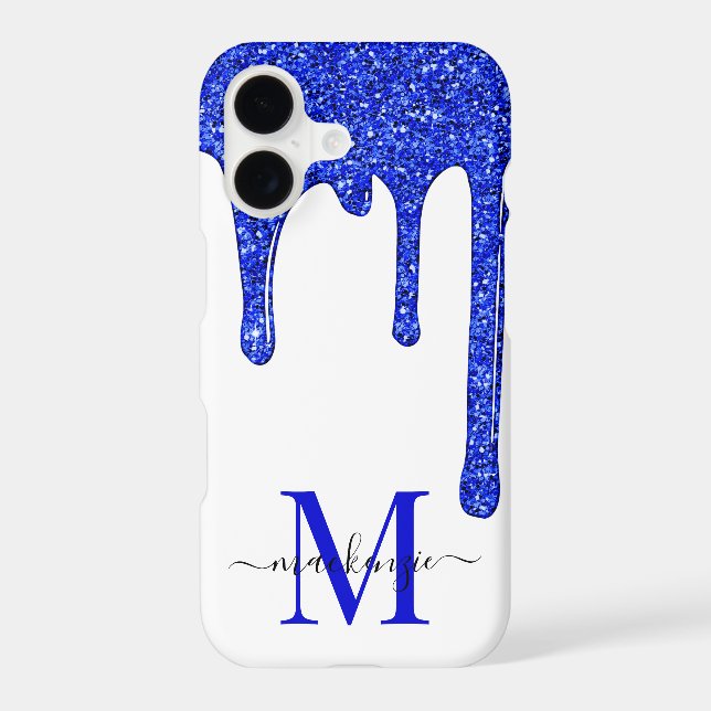 Royal Blue Sparkle Glam Glitter Drips Monogram iPhone Case (Back)