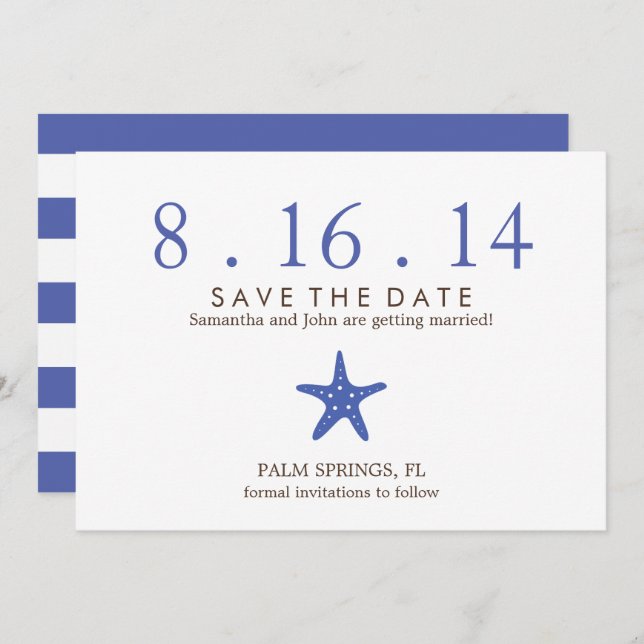 Royal Blue Starfish Wedding Save the Date Invitation (Front/Back)