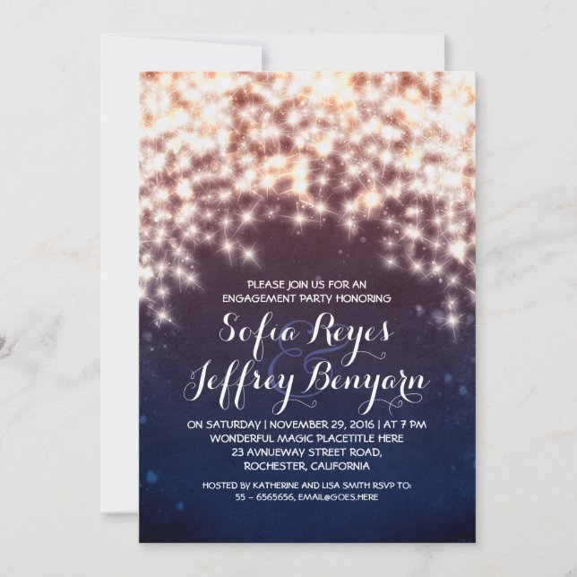 royal blue string lights engagement party invites (Front)
