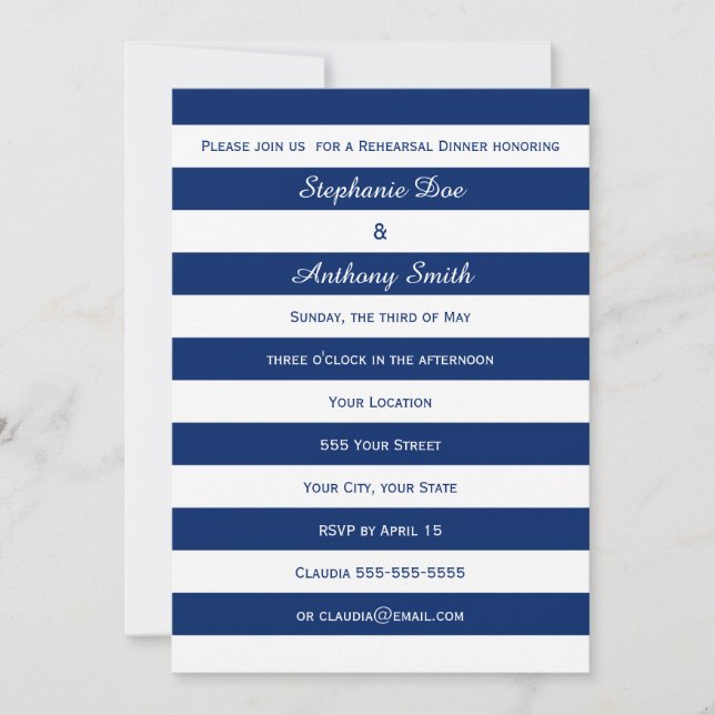 Royal Blue Striped Rehearsal Dinner Invitation (Front)