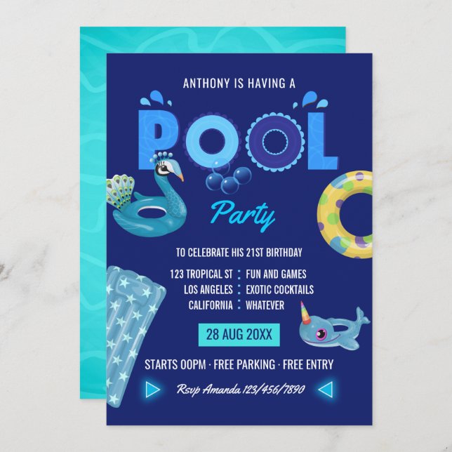 Royal Blue Summer Pool Birthday Party Invitation (Front/Back)