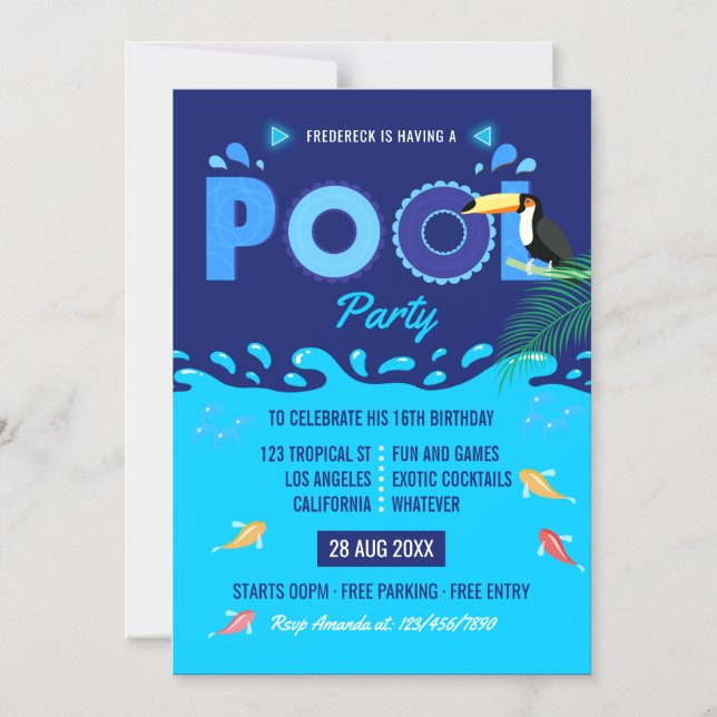 Royal Blue Summer Pool Birthday Party Magnetic Invitation (Front)