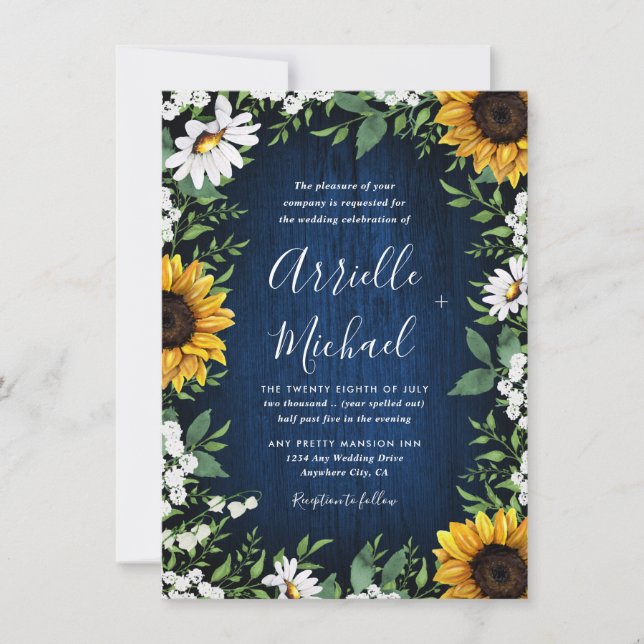 Royal Blue Sunflower Country Wedding Invitations (Front)
