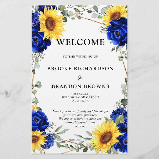 Royal Blue Sunflower Geometric Wedding Program (Front)