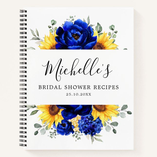 Royal Blue Sunflower Modern Bridal Shower Recipes Notebook (Front)