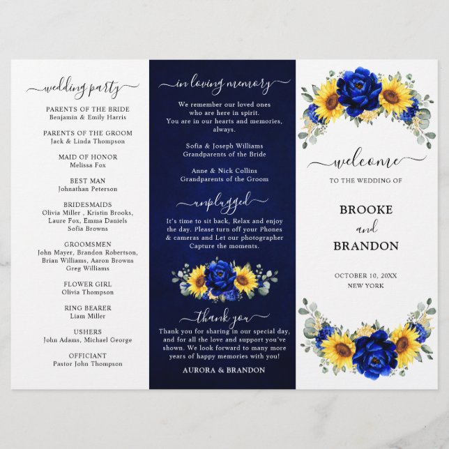 Royal Blue Sunflower Wedding Tri-fold Program card (Front)